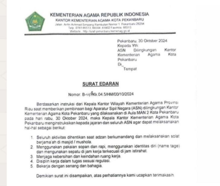 Ini Surat Edaran Hasil Pembinaan dari Kakanwil Kemenag
