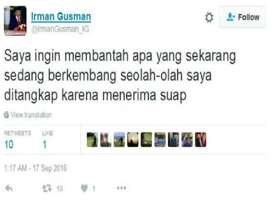 Lewat Twitter Irman Gusman Berceloteh: Sungguh Ini Fitnah