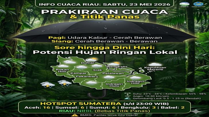 Riau Hari Ini: Cerah Berawan Mendominasi, Hujan Ringan Siap Guyur Sejumlah Wilayah dari Sore hingga Dini Hari
